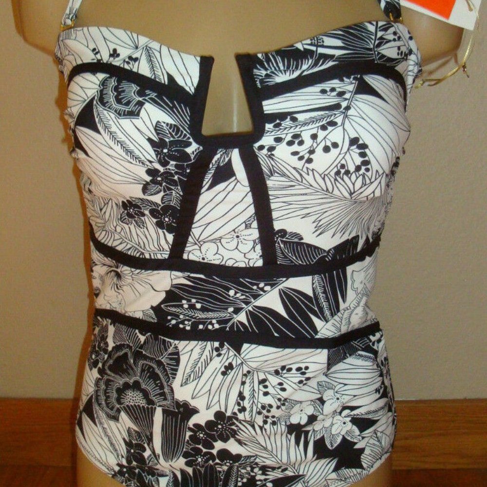 NWT Leilani Women’s 1 Piece Swimsuit Black & White Tropical Floral Size 8